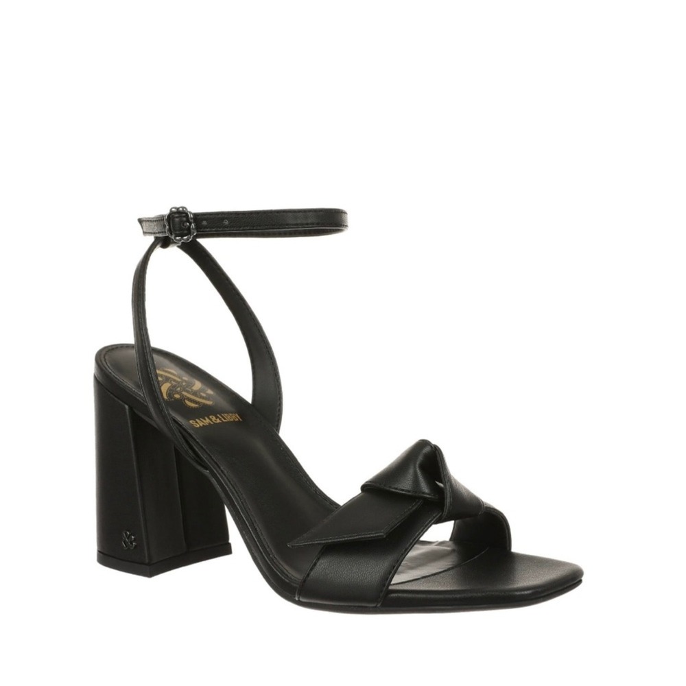 Sam‎ & Libby Black Ankle Strap Heeled Sandals Women's Size 8.5 Bow Accents